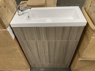 (COLLECTION ONLY) FLOOR STANDING 2 DOOR SLIMLINE SINK UNIT IN DRIFTWOOD WITH A 605 X 260MM STH POLYMARBLE BASIN COMPLETE WITH A MONO BASIN MIXER TAP & CHROME SPRUNG WASTE - RRP £702: LOCATION - A6