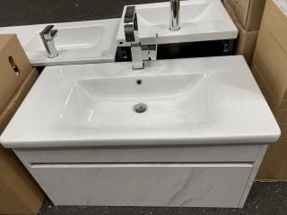 (COLLECTION ONLY) WALL HUNG 1 DRAWER SINK UNIT IN WHITE MARBLE WITH A 900 X 460MM 1TH CERAMIC BASIN COMPLETE WITH A MONO BASIN MIXER TAP & CHROME SPRUNG WASTE - RRP £895: LOCATION - A6