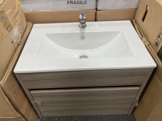 (COLLECTION ONLY) WALL HUNG 1 DRAWER SINK UNIT IN DRIFTWOOD WITH A 610 X 400MM 1TH CERAMIC BASIN COMPLETE WITH A TRADITIONAL CROSSHEAD MONO BASIN MIXER TAP & CHROME SPRUNG WASTE - RRP £715: LOCATION