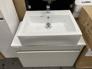 (COLLECTION ONLY) WALL HUNG 1 DRAWER COUNTERTOP SINK UNIT IN WHITE 760 X 430MM WITH A 1TH CERAMIC BASIN COMPLETE WITH A MONO BASIN MIXER TAP & CHROME SPRUNG WASTE - RRP £785: LOCATION - A7