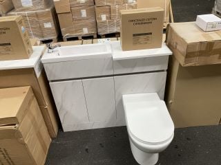 (COLLECTION ONLY) 1100 X 270MM LH 2 DOOR COMBINATION UNIT IN WHITE MARBLE WITH BTW PAN WITH SEAT & CONCEALED CISTERN FITTING KIT WITH WHITE COUNTERTOP & 605 X 260MM STH POLYMARBLE BASIN COMPLETE WITH