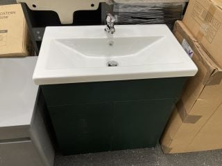 FLOOR STANDING 2 DOOR SINK UNIT IN FIR GREEN WITH A 610 X 370MM 1TH CERAMIC BASIN COMPLETE WITH A MONO BASIN MIXER TAP & CHROME SPRUNG WASTE - RRP £705: LOCATION - A7