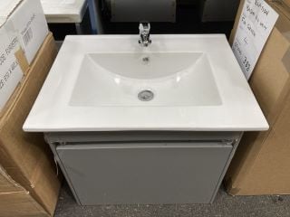 (COLLECTION ONLY) WALL HUNG 1 DRAWER SINK UNIT IN GLOSS GREY WITH A 620 X 470MM 1TH CERAMIC BASIN COMPLETE WITH A MONO BASIN MIXER TAP & CHROME SPRUNG WASTE - RRP £735: LOCATION - A7