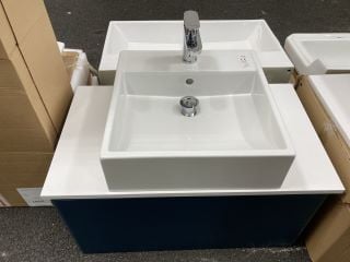 (COLLECTION ONLY) WALL HUNG 1 DRAWER COUNTERTOP SINK UNIT IN OXFORD BLUE & WHITE 800 X 460MM WITH A 1TH CERAMIC BASIN COMPLETE WITH A MONO BASIN MIXER TAP & CHROME SPRUNG WASTE - RRP £799: LOCATION -