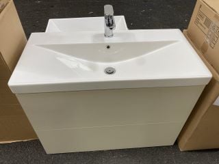 (COLLECTION ONLY) WALL HUNG 2 DRAWER SINK UNIT IN BEIGE WITH A 820 X 400MM 1TH CERAMIC BASIN COMPLETE WITH A MONO BASIN MIXER TAP & CHROME SPRUNG WASTE - RRP £940: LOCATION - A6