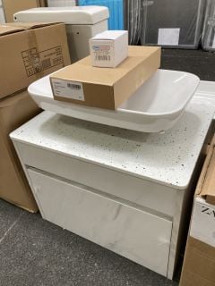 (COLLECTION ONLY) WALL HUNG 1 DRAWER COUNTERTOP SINK UNIT IN WHITE MARBLE WITH A ICE BLUE COUNTERTOP 630 X 440MM WITH A CERAMIC VESSEL BASIN & HIGH MONO BASIN MIXER TAP & CHROME SPRUNG WASTE - RRP £7