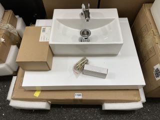 (COLLECTION ONLY) 600 X 460MM FLOATING SHELF IN WHITE WITH A 1TH CERAMIC COUNTERTOP BASIN & MONO BASIN MIXER TAP & CHROME SPRUNG WASTE - RRP £410: LOCATION - A5