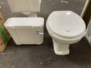 (COLLECTION ONLY) LOW LEVEL PAN WITH WHITE WOODEN TOILET SEAT COMPLETE WITH A LOW LEVEL CISTERN WITH FITTINGS WITH FLUSH HANDLE - RRP £355: LOCATION - A7