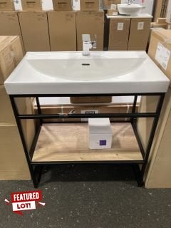 (COLLECTION ONLY) MODERN BLACK WASH STAND WITH OAK EFFECT SHELF WITH A 810 X 470MM 1TH CERAMIC BASIN COMPLETE WITH A MONO BASIN MIXER TAP & CHROME SPRUNG WASTE - RRP £825: LOCATION - A3