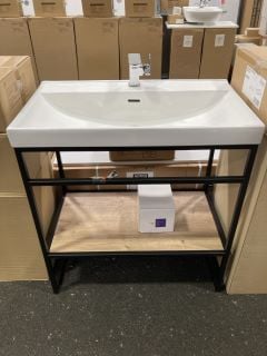 MODERN BLACK WASH STAND WITH OAK EFFECT SHELF WITH A 810 X 470MM 1TH CERAMIC BASIN COMPLETE WITH A MONO BASIN MIXER TAP & CHROME SPRUNG WASTE - RRP £825: LOCATION - A3