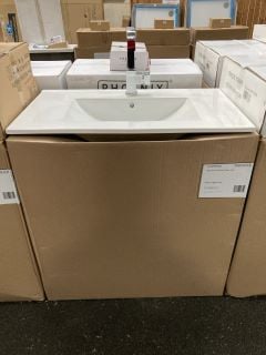 (COLLECTION ONLY) FLOOR STANDING 2 DOOR SINK UNIT IN GLOSS LIGHT GREY WITH A 820 X 470MM 1TH CERAMIC BASIN COMPLETE WITH A MONO BASIN MIXER IN CHROME SPRUNG WASTE - RRP £805: LOCATION - A4