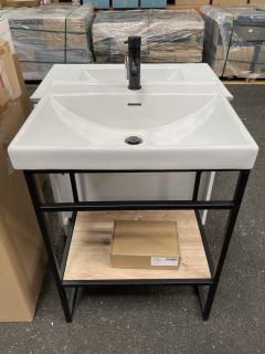 (COLLECTION ONLY) MODERN WASH STAND IN BLACK WITH OAK SHELF WITH A 620 X 480MM 1TH CERAMIC BASIN COMPLETE WITH A BLACK MONO BASIN MIXER TAP & SPRUNG WASTE - RRP £725: LOCATION - A2