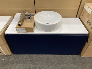 (COLLECTION ONLY) WALL HUNG 1 DRAWER COUNTERTOP SINK UNIT IN INDIGO & WHITE 1000 X 365MM WITH A ROUND CERAMIC VESSEL BASIN COMPLETE WITH A HIGH MONO BASIN MIXER TAP & CHROME SPRUNG WASTE - RRP £899: