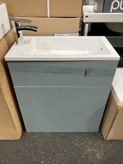 (COLLECTION ONLY) WALL HUNG 1 DRAWER SINK UNIT IN MATT FERN WITH A 605 X 320MM STH POLYMARBLE BASIN COMPLETE WITH A WATERFALL SPOUT MONO BASIN MIXER TAP & CHROME SPRUNG WASTE - RRP £685: LOCATION - A