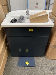 (COLLECTION ONLY) FLOOR STANDING SLAB FINISH BASE UNIT IN INDIGO WITH A 610 X 370MM 1TH CERAMIC BASIN COMPLETE WITH A MONO BASIN MIXER TAP & CHROME SPRUNG WASTE - RRP £675: LOCATION - A2