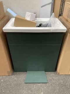 (COLLECTION ONLY) FLOOR STANDING SLAB FINISH BASE UNIT IN FIR GREEN WITH A 610 X 370MM 1TH CERAMIC BASIN COMPLETE WITH A MONO BASIN MIXER TAP & CHROME SPRUNG WASTE - RRP £675: LOCATION - A2