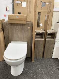 (COLLECTION ONLY) BATHROOM SUITE IN CARRINI WALNUT TO INCLUDE TOILET UNIT WITH BTW PAN, SEAT & CONCEALED CISTERN FITTING KIT, 2 X SLIMLINE BASE UNITS, 1000MM PLINTH COMPLETE WITH A 2000 X 335 X 28MM