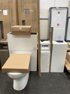 (COLLECTION ONLY) BATHROOM SUITE IN WHITE TO INCLUDE TOILET UNIT WITH BTW PAN, SEAT & CONCEALED CISTERN FITTING KIT, 2 X SLIMLINE BASE UNITS, 1000MM PLINTH COMPLETE WITH A 2000 X 335 X 28MM BATHROOM