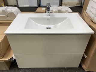 (COLLECTION ONLY) WALL HUNG 2 DRAWER SINK UNIT IN NATURAL BEIGE WITH A 810 X 470MM 1TH CERAMIC BASIN COMPLETE WITH A MONO BASIN MIXER TAP & CHROME SPRUNG WASTE - RRP £920: LOCATION - A2