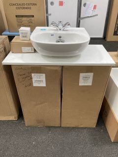 (COLLECTION ONLY) 2 X 2 DRAWER BASE UNITS IN GLOSS DOVE GREY WITH A 820 X 370MM WHITE COUNTERTOP WITH A 1TH CERAMIC BASIN COMPLETE WITH A MONO BASIN MIXER TAP & CHROME SPRUNG WASTE - RRP £735: LOCATI