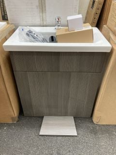 (COLLECTION ONLY) FLOOR STANDING SLAB FINISH BASE UNIT IN BODEGA GREY WITH A 610 X 370MM 1TH CERAMIC BASIN COMPLETE WITH A MONO BASIN MIXER TAP & CHROME SPRUNG WASTE - RRP £675: LOCATION - A4