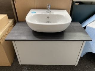 (COLLECTION ONLY) WALL HUNG 1 DRAWER COUNTERTOP SINK UNIT IN MATT PEARL GREY HACIENDA BLACK 805 X 395MM WITH A 1TH CERAMIC BASIN COMPLETE WITH A MONO BASIN MIXER TAP & CHROME SPRUNG WASTE - RRP £690: