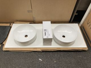 (COLLECTION ONLY) 1200 X 490MM PRE DRILLED WHITE ACRYLIC TWIN COUNTERTOP WITH GREY SUPPORT BRACKETS WITH 2 C ROUND CERAMIC VESSEL BASINS - RRP £795: LOCATION - A4