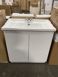 (COLLECTION ONLY) FLOOR STANDING 2 DOOR SINK UNIT IN WHITE WITH A 820 X 470MM 3TH CERAMIC BASIN COMPLETE WITH A TRADITIONAL CROSSHEAD MONO BASIN MIXER TAP & CHROME SPRUNG WASTE & BLANKING PLATES - RR