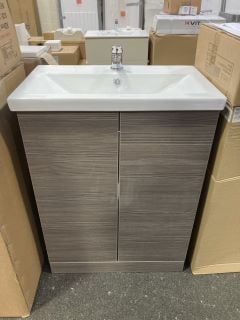 (COLLECTION ONLY) FLOOR STANDING 2 DOOR SINK UNIT IN BROWN GREY AVOLA WITH A 610 X 370MM 1TH CERAMIC BASIN COMPLETE WITH A MONO BASIN MIXER TAP & CHROME SPRUNG WASTE - RRP £735: LOCATION - A2