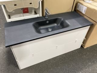 (COLLECTION ONLY) WALL HUNG 2 DRAWER SINK UNIT IN LIGHT GREY WITH A 1210 X 460MM BLACK 1TH INTEGRATED BASIN & COUNTERTOP COMPLETE WITH A MONO BASIN MIXER TAP & CHROME SPRUNG WASTE - RRP £1025: LOCATI