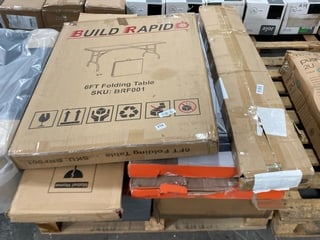 PALLET OF ASSORTED FURNITURE ITEMS TO INCLUDE BUILD RAPID 6FT FOLDING TABLE: LOCATION - B6 (KERBSIDE PALLET DELIVERY)