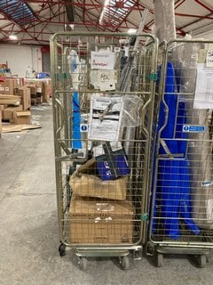 CAGE OF ASSORTED ITEMS TO INCLUDE RUSSELL HOBBS COMPACT SILVER DIGITAL MICROWAVE ( CAGE NOT INCLUDED ): LOCATION - A3 (KERBSIDE PALLET DELIVERY)