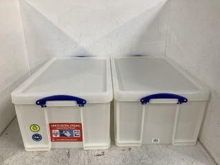 2 X 64 LITRE REALLY USEFUL PLASTIC STORAGE TUBS IN WHITE WITH LIDS: LOCATION - WA9