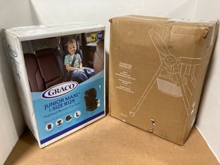 GRACO JUNIOR MAXI I-SIZE R129 HIGHBACK BOOSTER CAR SEAT IN BLACK TO ALSO INCLUDE MAMAS & PAPAS SNAK FOLDING & FREESTANDING HIGHCHAIR IN HAPPY PLANET DESIGN: LOCATION - WA11