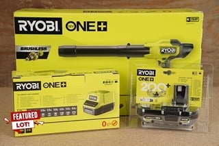 RYOBI ONE + BRUSHLESS 18V COMPACT BRUSHLESS BLOWER TO INCLUDE RYOBI ONE + 18V COMPACT FAST CHARGER TO ALSO INCLUDE RYOBI ONE + 18V LITHIUM BATTERY - COMBINED RRP £210.00: LOCATION - BOOTH