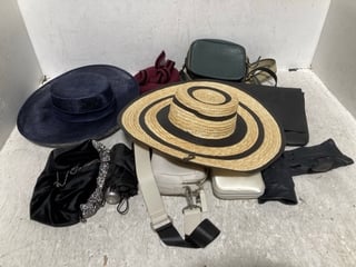 QTY OF ASSORTED WOMENS ACCESSORIES TO INCLUDE WHITELEY KENDALL PILL BOX HAT IN MULBERRY - RRP £145: LOCATION - A10