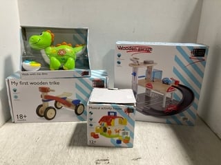 4 X ASSORTED JOHN LEWIS & PARTNERS TOY SETS TO INCLUDE WOODEN GARAGE TOY SET & WALK WITH ME DINO TOY: LOCATION - A9