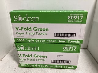 2 X BOXES OF SOCLEAN V-FOLD PAPER HAND TOWELS IN GREEN: LOCATION - B10