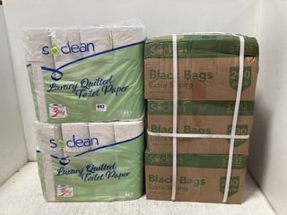 3 X BOXES OF SOCLEAN 200 PACK BLACK BAGS TO ALSO INCLUDE 2 X SOCLEAN 24 PACK LUXURY QUILTED TOILET PAPER: LOCATION - B11