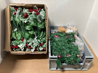 QTY OF ASSORTED HOUSEHOLD ITEMS TO INCLUDE BOX OF ARTIFICIAL BUNCHES OF HOLLY WITH BERRIES: LOCATION - B13