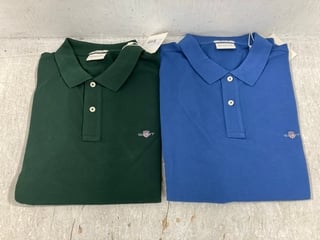 2 X GANT REG SHIELD PIQUE POLO TOP IN VINTAGE BLUE/TARTAN GREEN- UK XL/XXL: LOCATION - C8