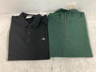 GANT REG SHIELD PIQUE POLO TOP IN BLACK - UK L TO ALSO INCLUDE GANT SACKER RIB HALF ZIP TOP IN TARTAN GREEN - UK L: LOCATION - C8