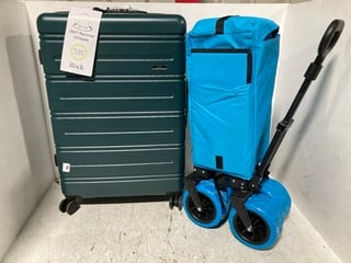 ROCK LISBON DARK GREEN MEDIUM SUITCASE TO INCLUDE BRIGHT BLUE PORTABLE SHOPPING TROLLEY ON WHEELS: LOCATION - WA3