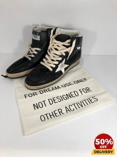 GOLDEN GOOSE MEN'S SKY STAR LEATHER BASKET HI-TOP TRAINERS IN BLACK/WHITE - UK 8 - RRP £405: LOCATION - LUX