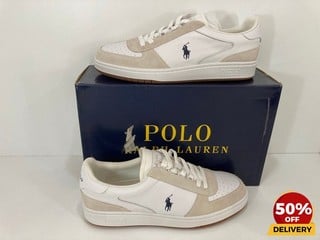 POLO RALPH LAUREN MEN'S POLO COURT LEATHER/SUEDE TRAINERS IN WHITE/NEWPORT NAVY - UK 10 - RRP £115: LOCATION - LUX