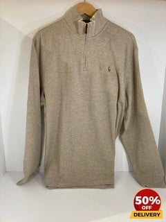 POLO RALPH LAUREN MEN'S HALF ZIP KNITTED SWEATSHIRT IN TUSCAN BEIGE HEATHER - SIZE XL - RRP £169: LOCATION - LUX