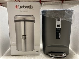 BRABANTIA 60L TOUCH BIN IN SILVER TO INCLUDE SIMPLEHUMAN 50L PEDAL BIN IN GREY: LOCATION - BR10