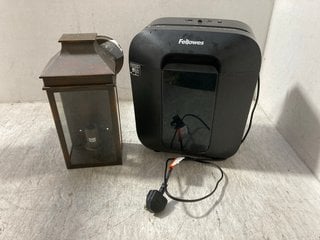 DAR OUTDOOR LANTERN STYLE WALL LIGHT TO INCLUDE FELLOWES PAPER SHREDDER IN BLACK: LOCATION - AR3