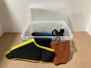 A BOX OF SHOOTING ACCESSORIES, PISTOL HOLSTERS ETC: LOCATION - AR12