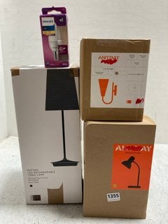 4 X ASSORTED LIGHTING ITEMS TO INCLUDE JOHN LEWIS & PARTNERS RATTAN LED RECHARGEABLE TABLE LAMP IN BLACK: LOCATION - AR15